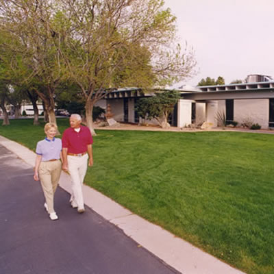 A couple taking a walk through a park.