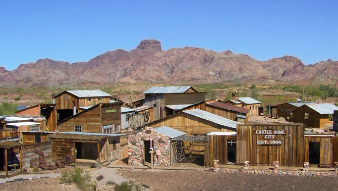 The mountain peaks in Kofa National Wildlife Refuge overlook the historic mining city of Castle Dome.