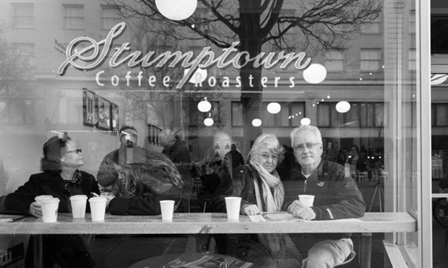 Riley and Karen in Stumptown Coffee Roasters, Portland, Oregon.