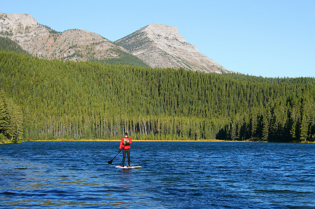 Tourist paddleboarding on Allison Lake