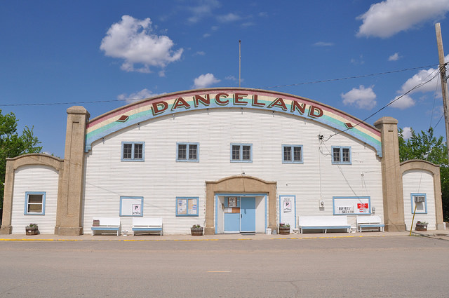 Photo of the outside of the Danceland building at Manitou Beach. 