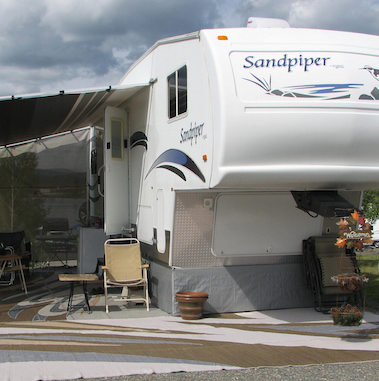 A fifth wheel RV set up for full-time RV living.