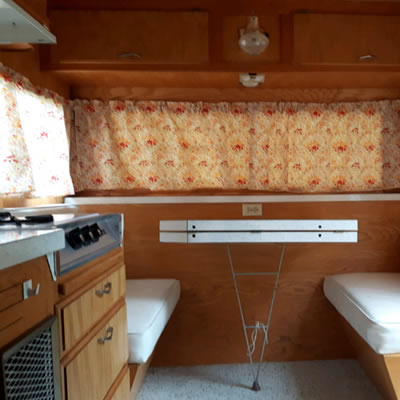 Interior of trailer, showing seating. 