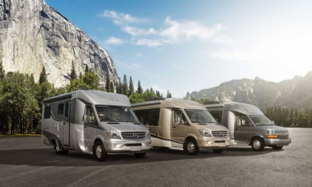 A line-up of Leisure Travel Vans, set against a backdrop of mountains. 