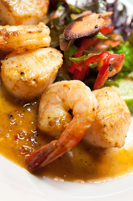 A close up of a shrimp dish at Angler's Dining Room.
