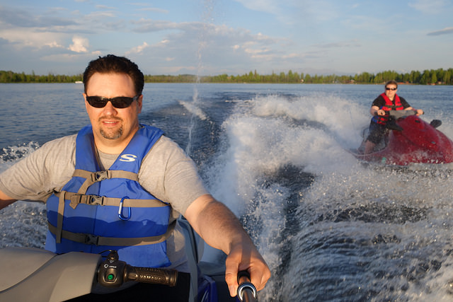 Ben and Rebecca Pazdernik jet skiing at Big Lake, Alaska, 2015.