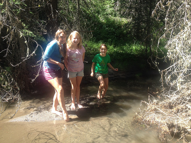 Three young girls in Boulton Creek up to their ankles. 