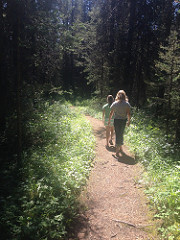 Two people walking along the Boulton Creek trail.