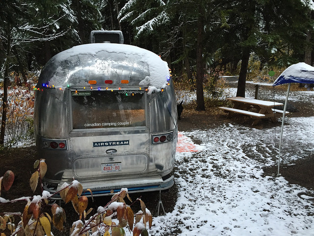 Dave Barton and Anne Bovon's airstream trailer in winter camping.