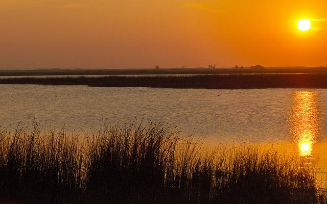 An orange sunset over the Last Mountain Lake National Wildlife Area and Migratory Bird Sanctuary. 