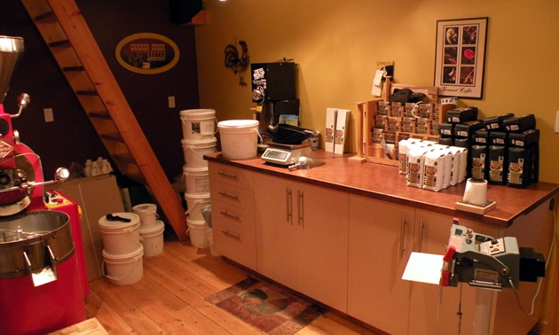 The inside of a small coffee roasting shop in Smithers. 