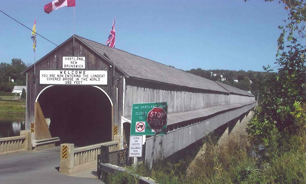 Photo of a large covered bridge with a road going through it. 