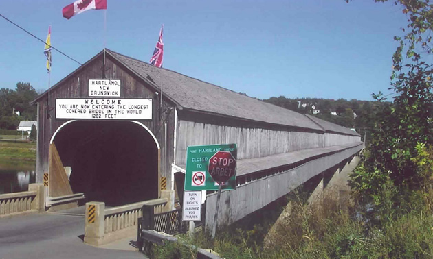 Photo of a large covered bridge with a road going through it.