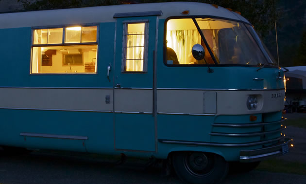 Evening picture of Myrtle, a vintage 1964 Travco Motorhome.