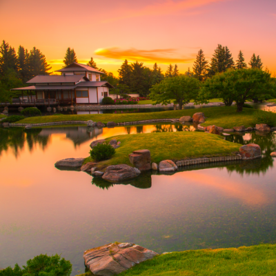 A beautiful pink sunset rests behind Nikka Yuko Japanese Gardens.