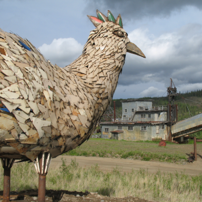 Mr. Eggee, Chicken’s mascot, overlooks the Pedro dredge.