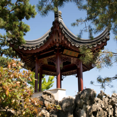 Most visitors to Dr. Sun Yat-Sen Classical Chinese Garden enjoy the contrasting view of the Ting (Chinese gazebo) and Vancouver’s cityscape.