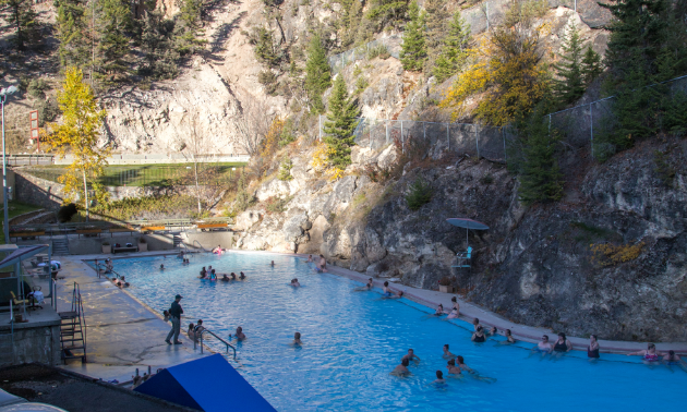 The world-famous Radium Hot Springs mineral pools are surrounded by natural rock walls. 