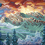 An acrylic painting of snow covered mountains.
