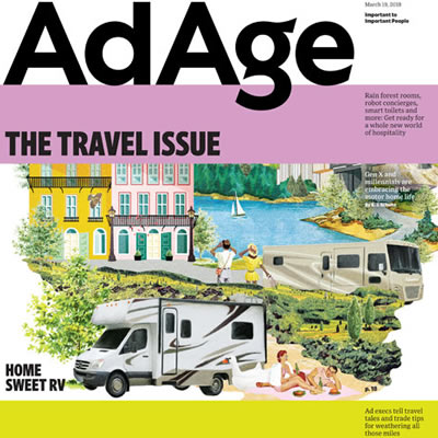 AdAge cover story, showing collage of RV-related graphics. 