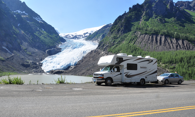 The Saumure's RV in front of a glacier near Stewart, B.C.