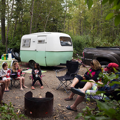 Group of people camping. 