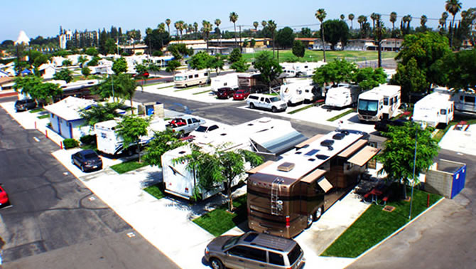Overhead view of the Anaheim RV Park, near Disneyland in California.