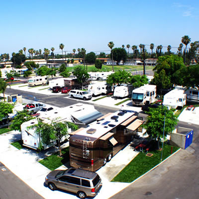 Overhead view of the Anaheim RV Park, near Disneyland in California. 