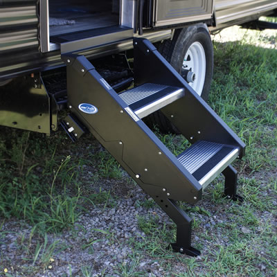 Adjustable feet on the StepAbove RV stairs give it a solid base.