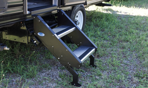 Adjustable feet on the StepAbove RV stairs give it a solid base.