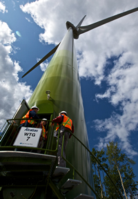 A wind turbine at the wind park on Bear Mountain by Dawson Creek.