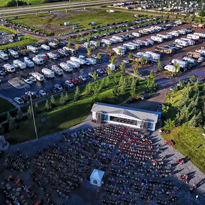 Aerial view of RVs and festival area. 
