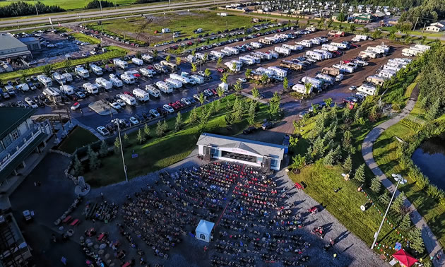 Aerial view of RVs and festival area. 
