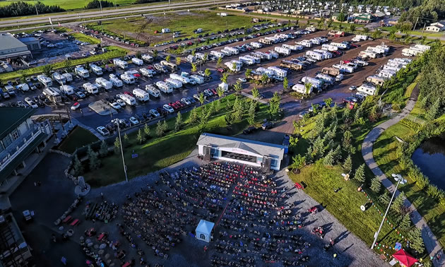 Aerial view of RVs and festival area.