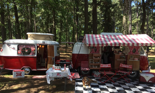 This renovated trailer combines a fibreglass trailer and a VW Westfalia van.