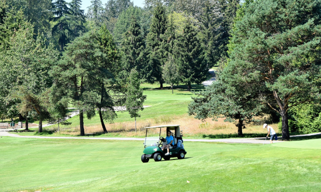 This view from the sixth hole towards the fifth hole shows that the course is relatively flat, which speeds up play.