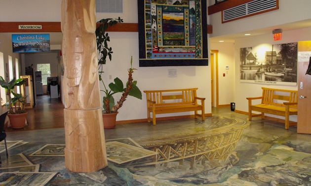 The 3-D floor mural in the Christina Lake Visitor Centre captures the artistry that is prevalent in the community and the beauty that is prevalent in the surrounding area