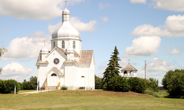 A white heritage church in Camrose County, Alberta.