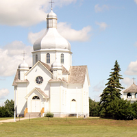 A white heritage church in Camrose County, Alberta.