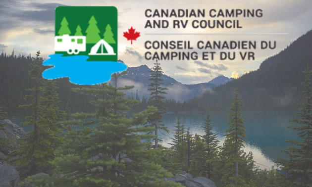 Canadian Camping Council logo, with background of mountain lake.