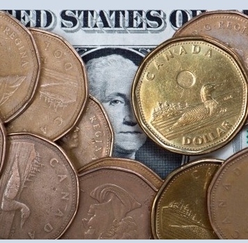 A number of loonies sitting on top of an American dollar bill. 