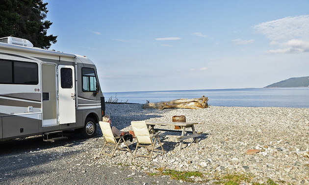 The Elliott's rig parked on the beach at St. Ann's Bay Campark, Cape Breton, NS.