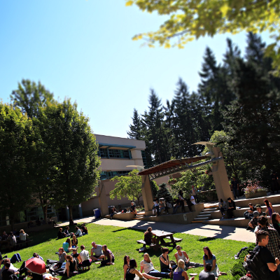 Students enjoy a balmy day on the Capilano University campus in North Vancouver.