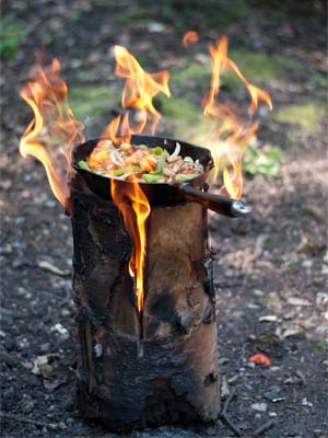 Side view of skillet on Swedish log. 