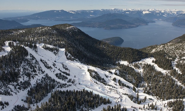 A breathtaking aerial view of Cypress Mountain ski area in Cypress Provincial Park, West Vancouver where the Freestyle Skiing and Snowboarding events were held at the 2010 Winter Olympics. 