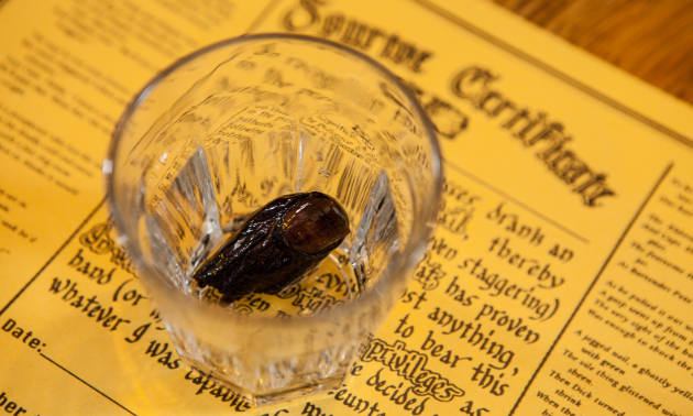 A severed toe sits in a shot glass