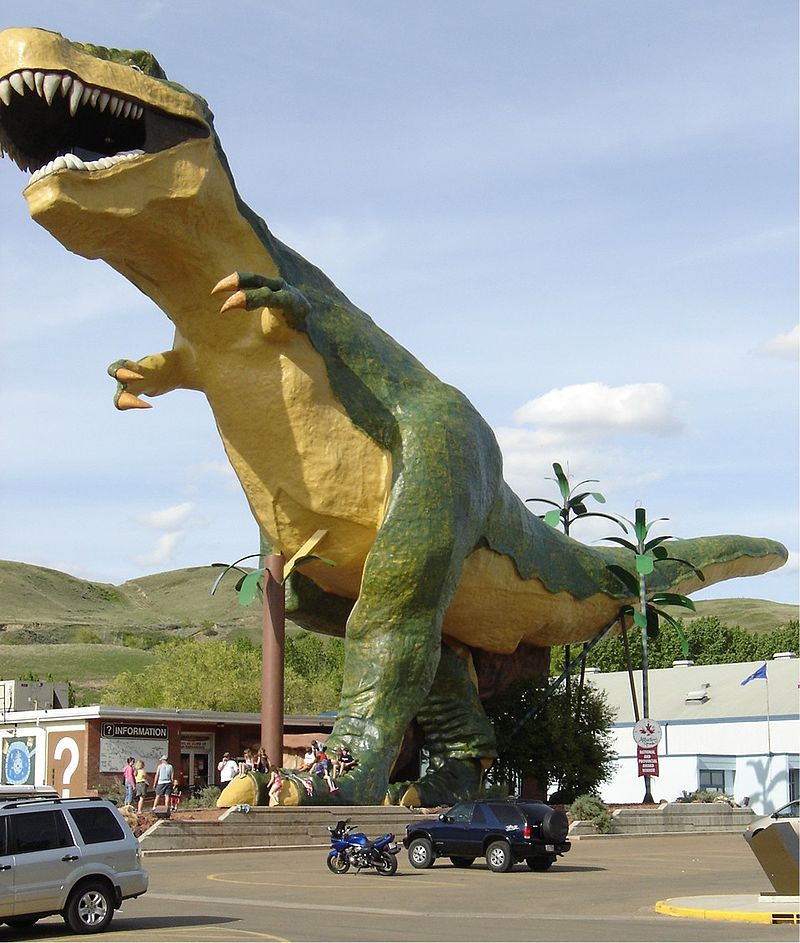 Drumheller’s downtown is inhabited by a T-Rex that stretches 26 metres high.