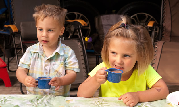 Campers in our family gather for morning coffee, and we even have a special kids’s coffee (hot chocolate). 