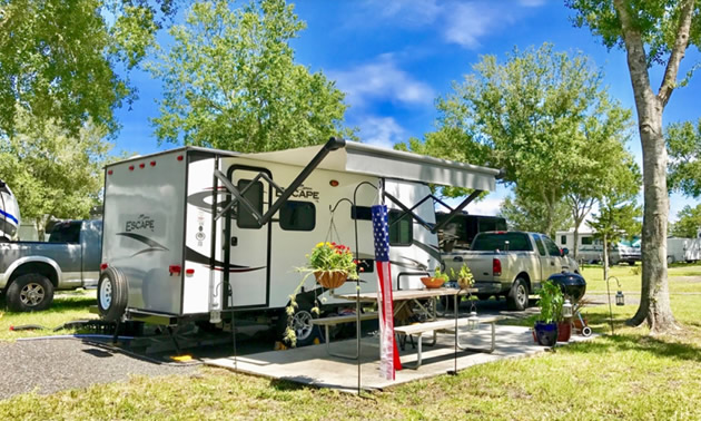 Fifth wheel camper parked at campsite. 