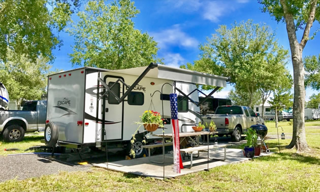 Fifth wheel camper parked at campsite.